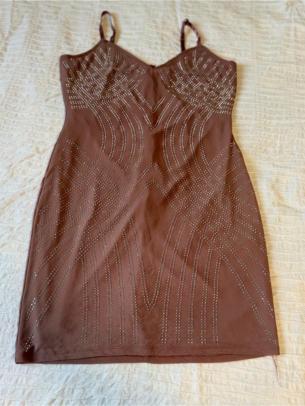 Blashe Nude Rhinestone Studded Bodycon Mini Dress – Large
